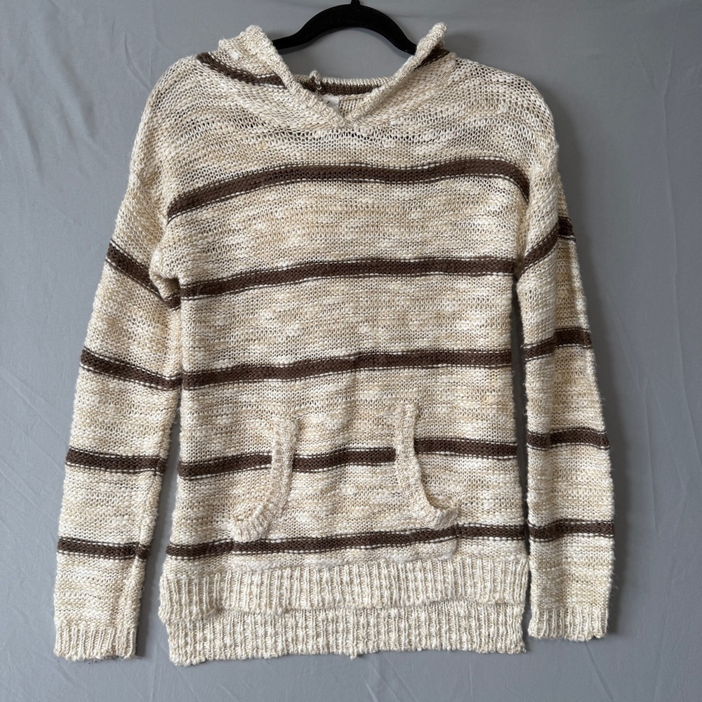 SWS Knitwear Womens Striped Beach Knit Pullover Hoodie Size L Coastal Cream